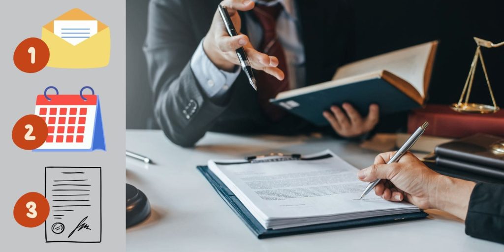 Grafička ilustracija 3 pravna koraka i konsultacije sa advokatom