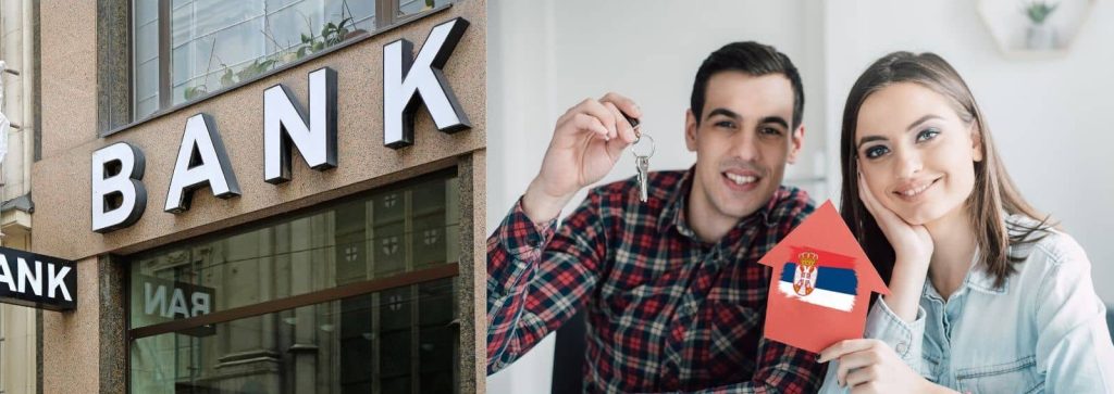 Fasada banke i par sa ključevima neretnine